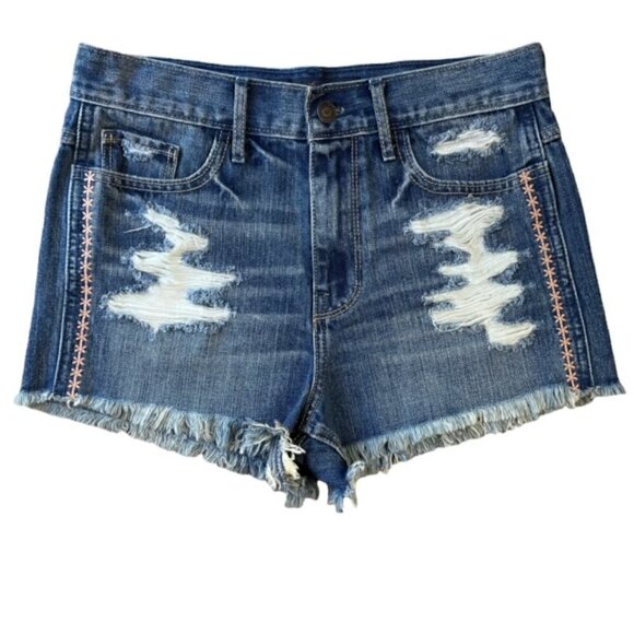 HOLLISTER High Rise Raw Hem Ripped Short-Short Jean Shorts - Size 5/27 - Picture 1 of 6